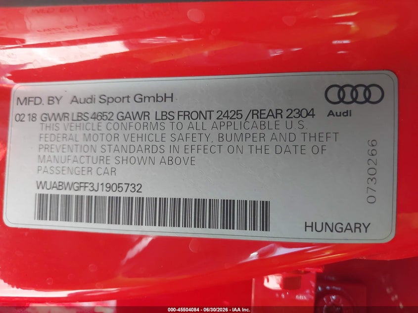 2018 Audi Rs3 VIN WUABWGFF3J1905732 IAAI salvage auction — UNDERCARRIAGE, Salvage Title, sold $13,300 on 2026-07-28 (photo 9)