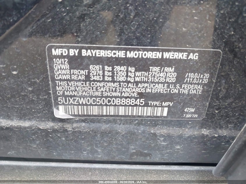 2012 BMW X5 VIN 5UXZW0C50C0B88845 IAAI salvage auction — LEFT REAR, Bill Of Sale (Washington), sold $725 on 2026-07-28 (photo 9)