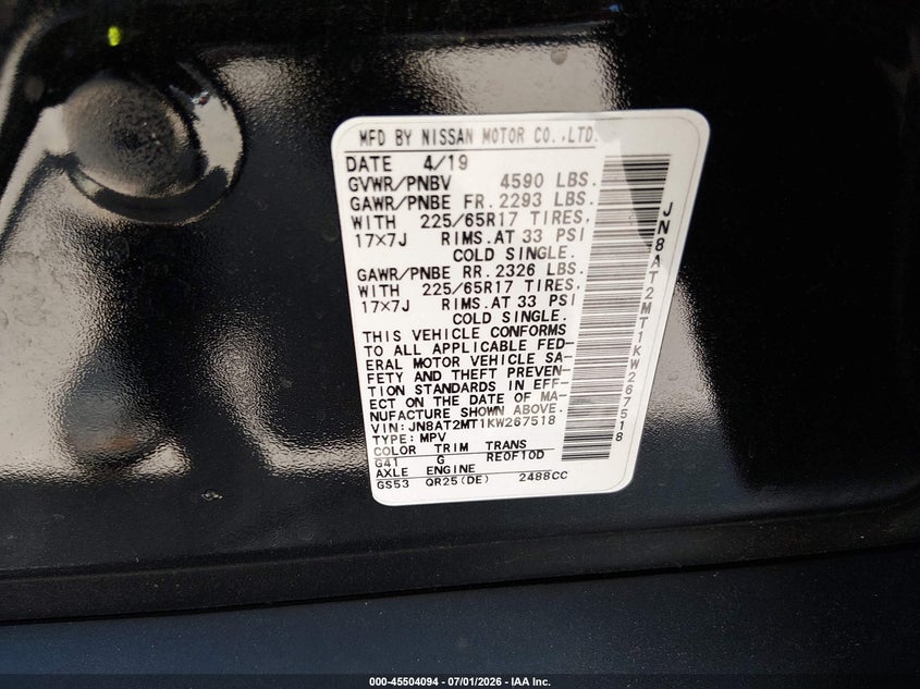 2019 Nissan Rogue VIN JN8AT2MT1KW267518 IAAI salvage auction — NORMAL WEAR, Original (Texas), sold $2,050 on 2026-07-06 (photo 9)
