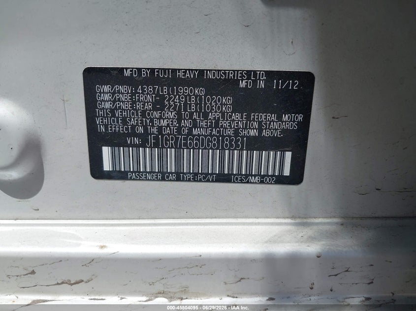 2013 Subaru Impreza wrx VIN JF1GR7E66DG818331 IAAI salvage auction — FRONT END, Wait Title, sold $3,925 on 2026-09-05 (photo 8)