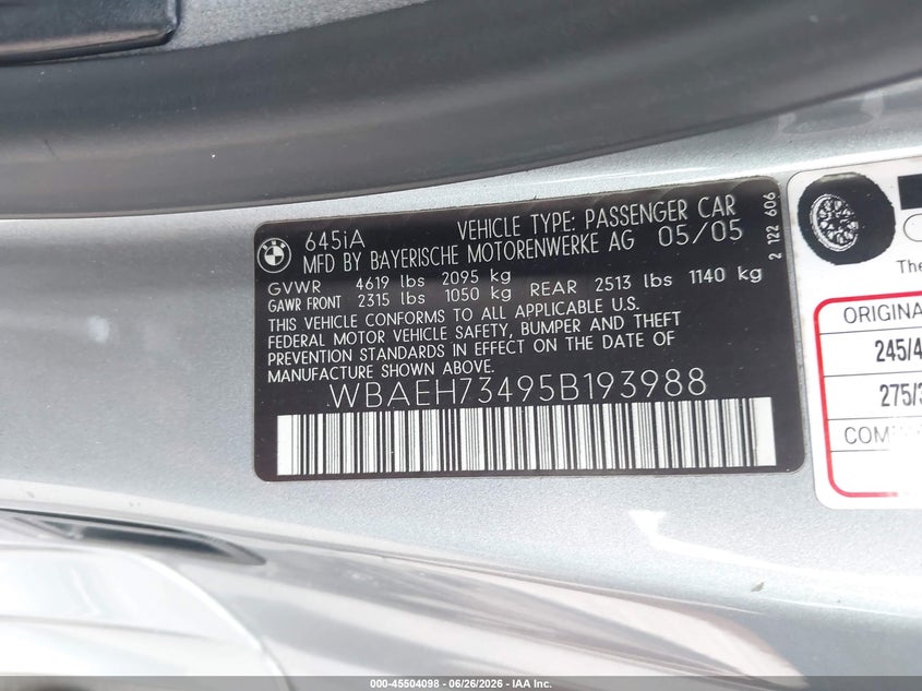 2005 BMW 6 series VIN WBAEH73495B193988 IAAI salvage auction — NORMAL WEAR, Repossession Paperwork (Georgia), sold $550 on 2026-07-15 (photo 9)