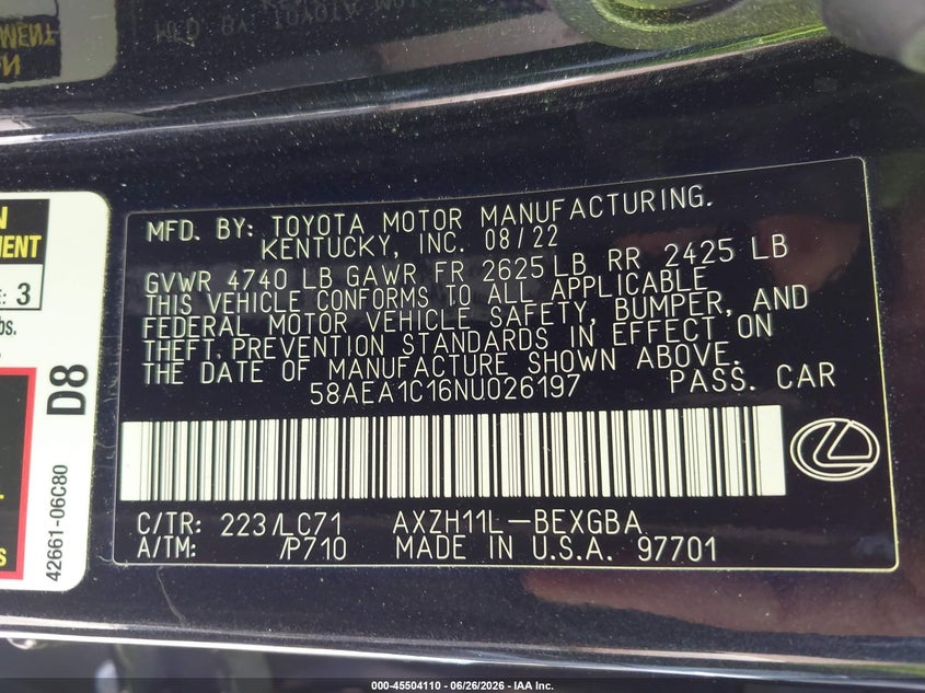 2022 Lexus ES VIN 58AEA1C16NU026197 IAAI salvage auction — FRONT & REAR, Salvage Title, sold $12,100 on 2026-07-29 (photo 9)