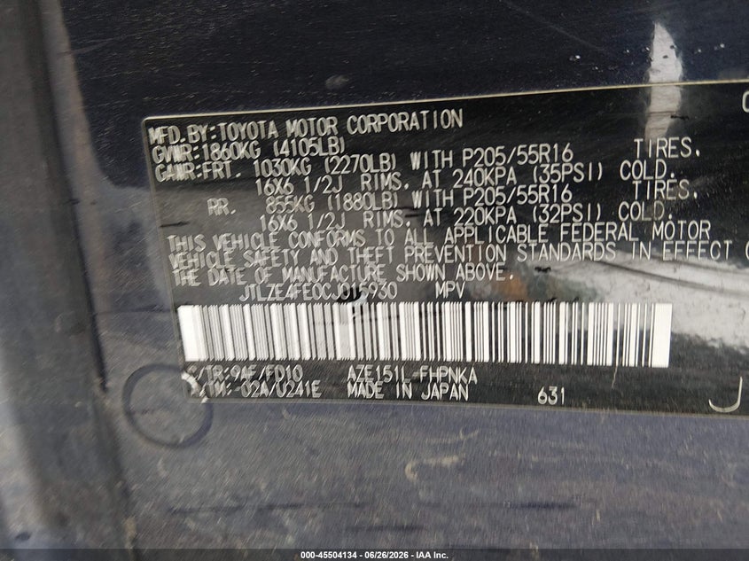 2012 Scion Xb VIN JTLZE4FE0CJ015930 IAAI salvage auction — NORMAL WEAR, Clear (Idaho), sold $150 on 2026-07-18 (photo 9)