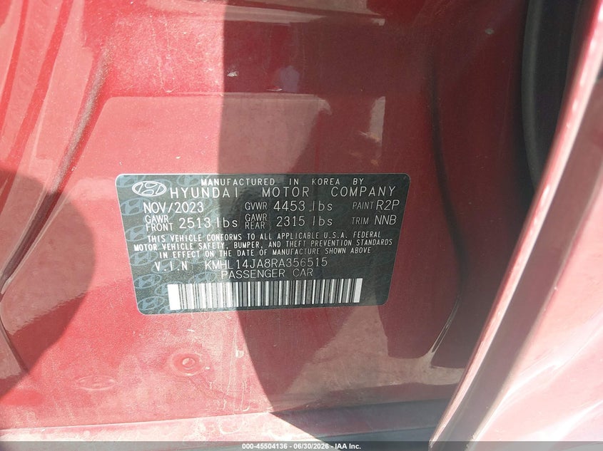 2024 Hyundai Sonata VIN KMHL14JA8RA356515 IAAI salvage auction — SIDE, Salvage Title, sold $7,100 on 2026-07-31 (photo 9)