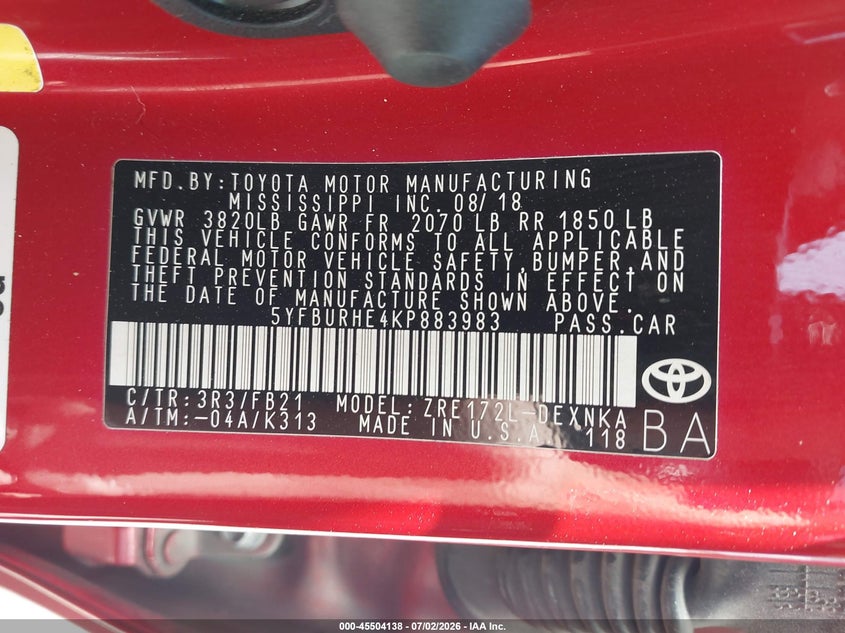 2019 Toyota Corolla VIN 5YFBURHE4KP883983 IAAI salvage auction — FRONT & REAR, Salvage (Texas), sold $1,100 on 2026-07-28 (photo 9)