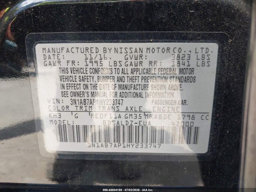 2017 Nissan Sentra VIN 3N1AB7AP1HY233747 IAAI salvage auction — NORMAL WEAR, Clear (Maryland), sold $1,200 on 2026-07-23 (photo 9)