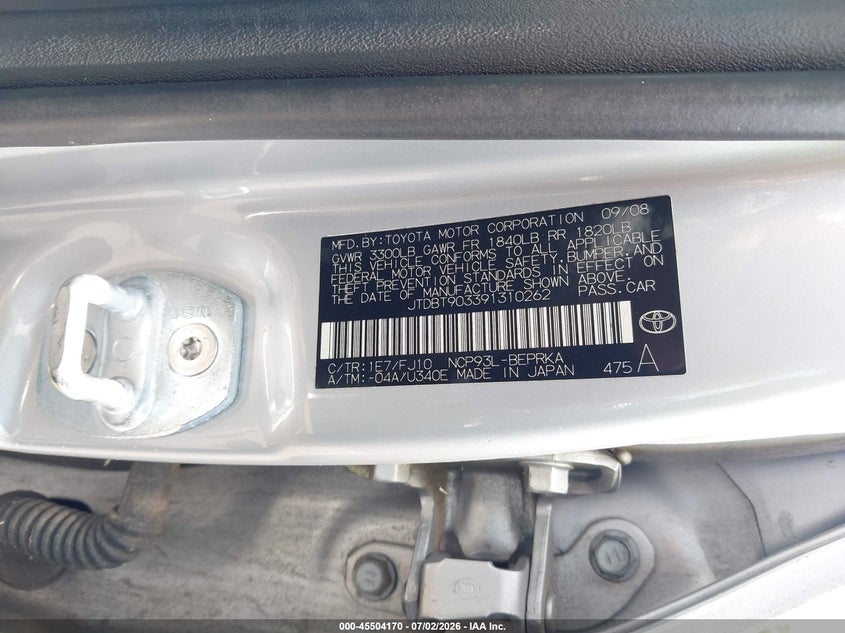 2009 Toyota Yaris VIN JTDBT903391310262 IAAI salvage auction — NORMAL WEAR, Clear (Connecticut), sold $625 on 2026-07-15 (photo 9)