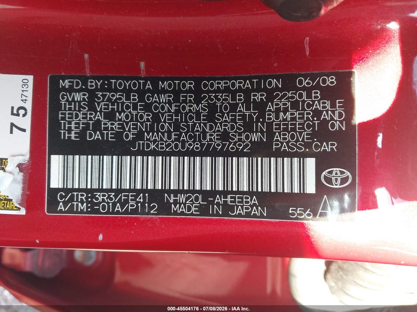 2008 Toyota Prius VIN JTDKB20U987797692 IAAI salvage auction — NORMAL WEAR, Clear (Illinois), sold $300 on 2026-07-15 (photo 9)