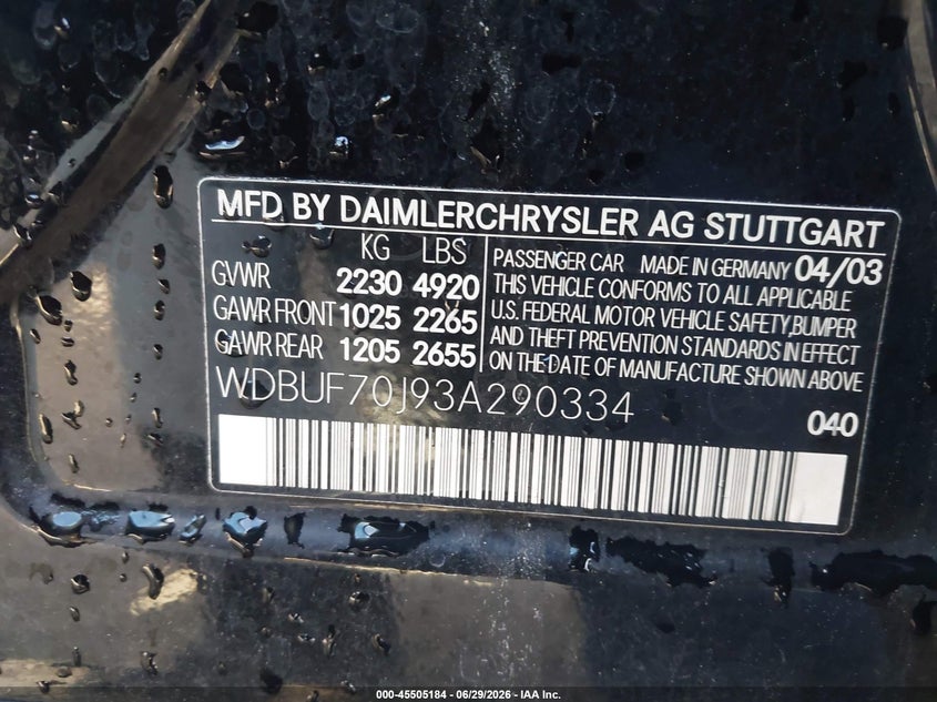 2003 Mercedes-benz E-class VIN WDBUF70J93A290334 IAAI salvage auction — REAR END, Salvage (California), sold $350 on 2026-07-20 (photo 9)