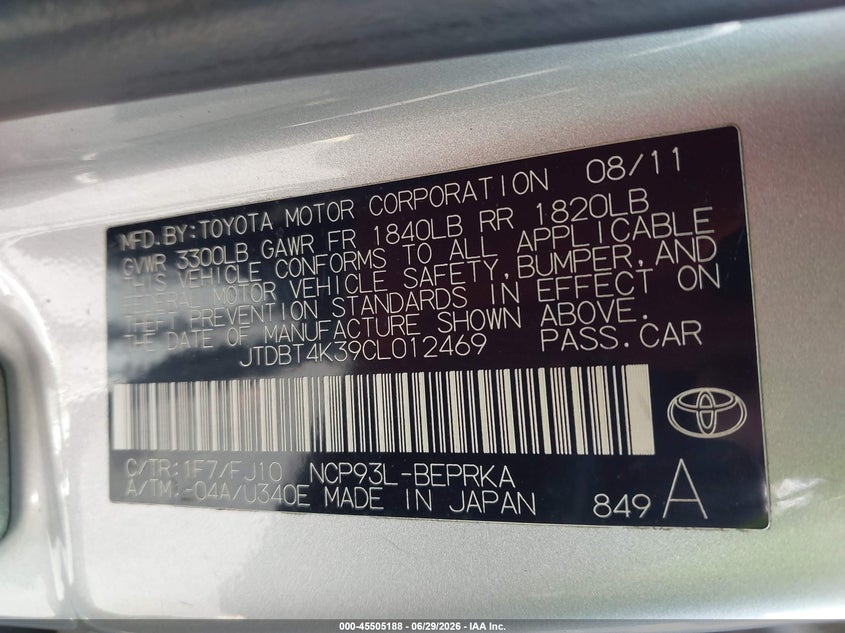 2012 Toyota Yaris VIN JTDBT4K39CL012469 IAAI salvage auction — FRONT END, Rebuildable (Florida), sold $800 on 2026-07-30 (photo 9)