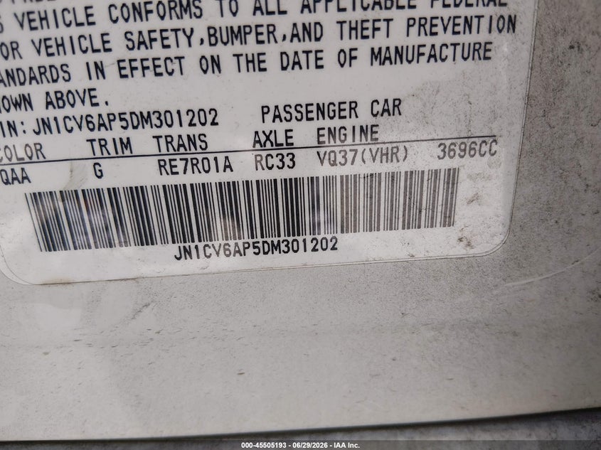 2013 Infiniti G VIN JN1CV6AP5DM301202 IAAI salvage auction — NORMAL WEAR, Original (Texas), sold $1,450 on 2026-07-20 (photo 9)