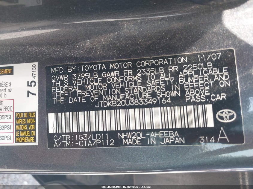 2008 Toyota Prius VIN JTDKB20U383349164 IAAI salvage auction — REAR END, Salvage - Greater Than 75% (Maryland), sold $450 on 2026-07-30 (photo 9)