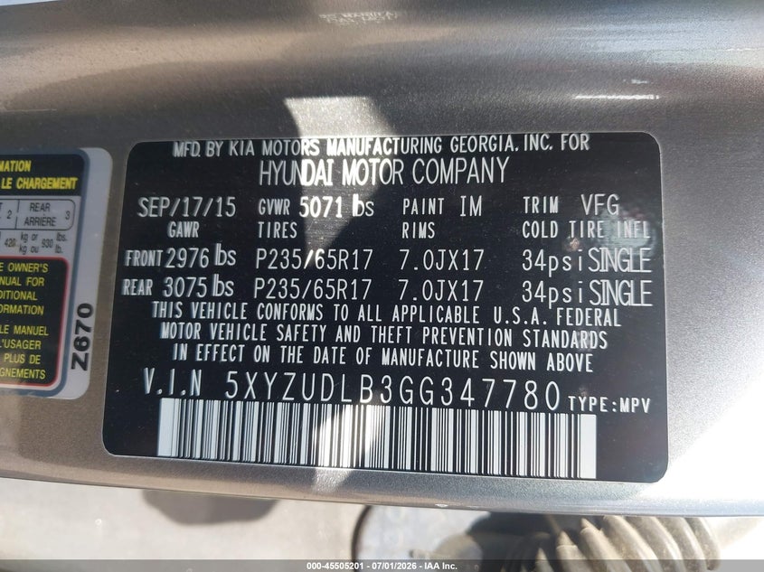 2016 Hyundai Santa fe VIN 5XYZUDLB3GG347780 IAAI salvage auction — RIGHT FRONT, Junk Bill Of Sale Mv2459 (Wisconsin), sold $1,400 on 2026-07-11 (photo 9)