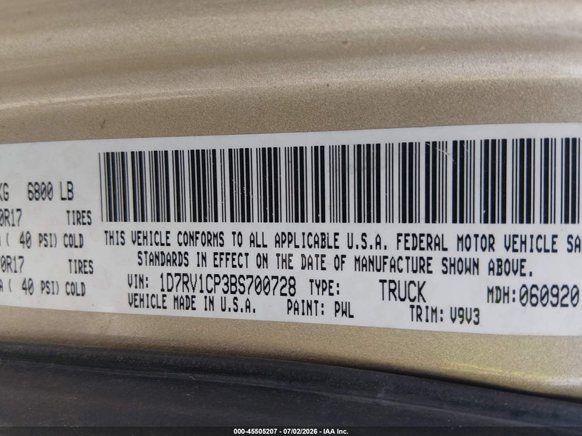 2011 Ram Ram 1500 VIN 1D7RV1CP3BS700728 IAAI salvage auction — NORMAL WEAR, Clear (Georgia), sold $750 on 2026-07-09 (photo 9)