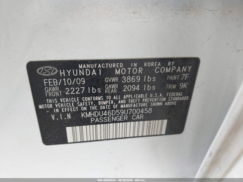 2009 Hyundai Elantra VIN KMHDU46D59U700458 IAAI salvage auction — NORMAL WEAR, Clear - Dealer Only (California), sold $1,050 on 2026-07-07 (photo 9)