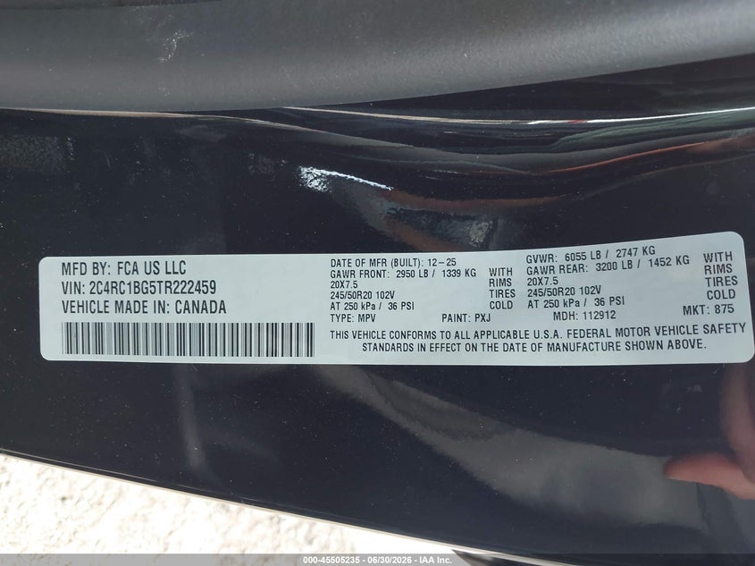 2026 Chrysler Pacifica VIN 2C4RC1BG5TR222459 IAAI salvage auction — FRONT END, Salvage (Ohio), sold $7,700 on 2026-07-30 (photo 9)