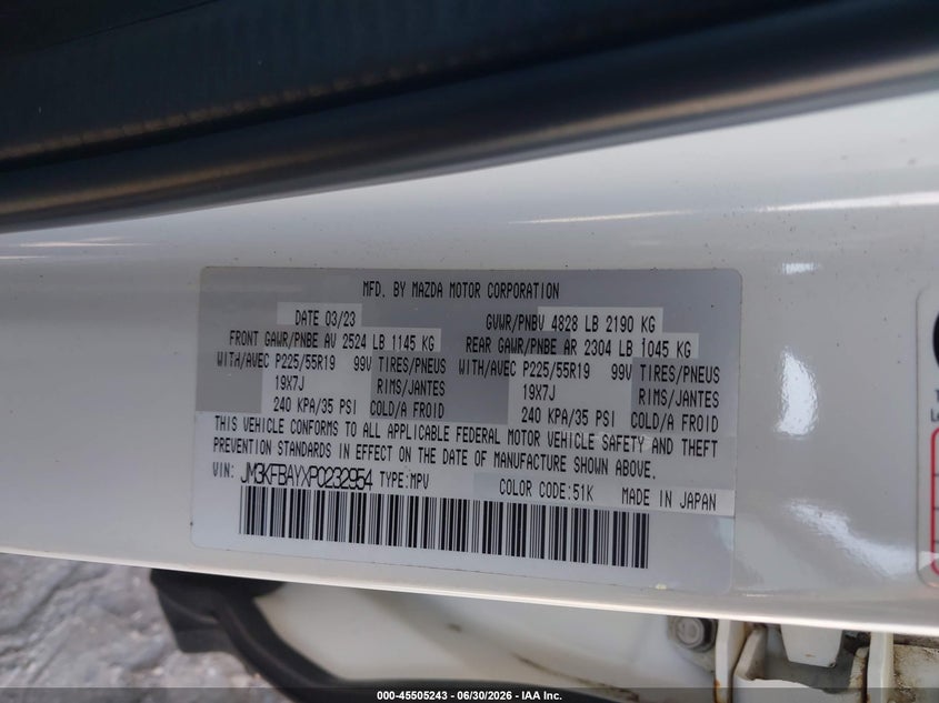 2023 Mazda Cx-5 VIN JM3KFBAYXP0232954 IAAI salvage auction — RIGHT SIDE, Wait Title, sold $9,900 on 2026-09-17 (photo 9)