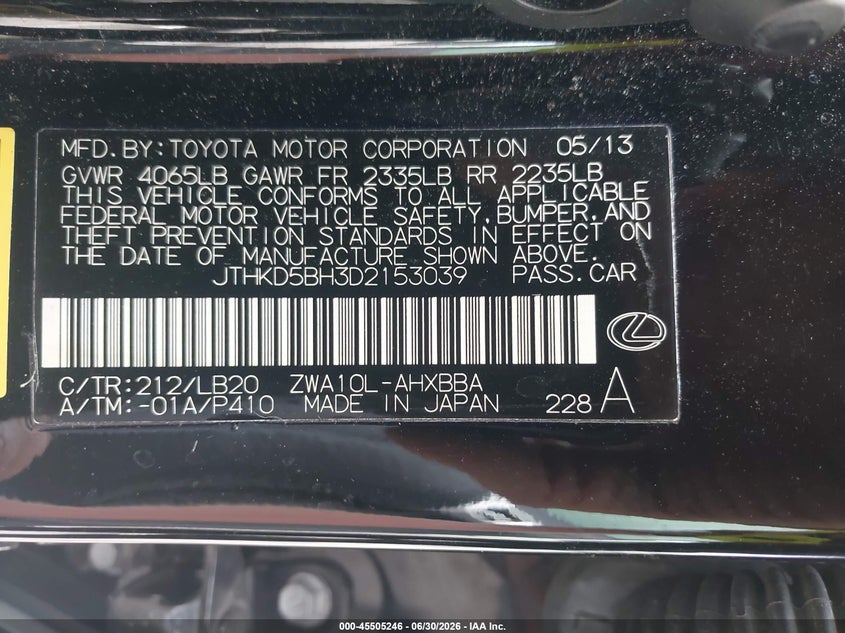 2013 Lexus Ct VIN JTHKD5BH3D2153039 IAAI salvage auction — FRONT & REAR, Salvage (Kentucky), sold $3,200 on 2026-07-27 (photo 9)