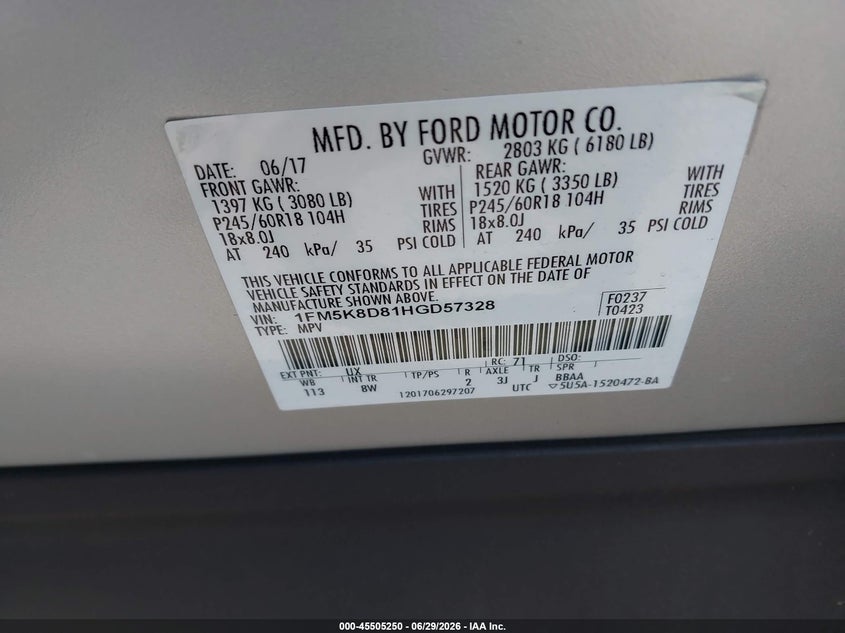 2017 Ford Explorer VIN 1FM5K8D81HGD57328 IAAI salvage auction — SIDE, Salvage Certificate (California), sold $3,000 on 2026-07-19 (photo 9)
