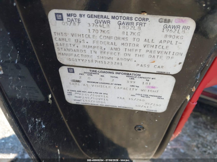 1987 Chevrolet Corvette VIN 1G1YY2187H5123281 IAAI salvage auction — ROOF, Clear (Massachusetts), sold $975 on 2026-07-12 (photo 9)