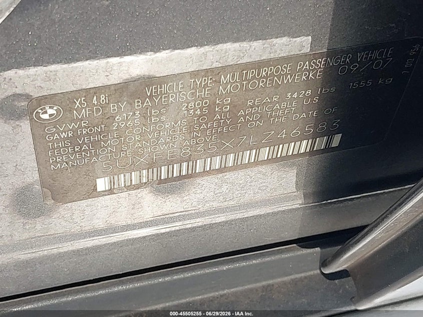 2007 BMW X5 VIN 5UXFE835X7LZ46583 IAAI salvage auction — FRONT END, Clear (Indiana), sold $1,125 on 2026-07-31 (photo 9)