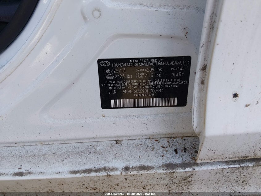 2013 Hyundai Sonata VIN 5NPEC4AC9DH700444 IAAI salvage auction — NORMAL WEAR, Clear (New Jersey), sold $625 on 2026-07-13 (photo 9)