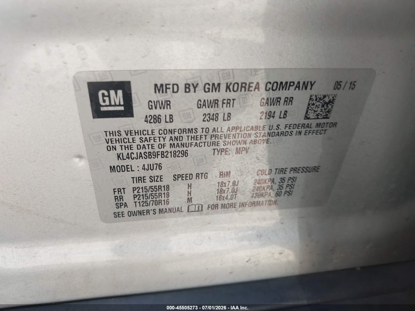 2015 Buick Encore VIN KL4CJASB9FB218296 IAAI salvage auction — FRONT END, Salvage Title, sold $725 on 2026-07-21 (photo 9)