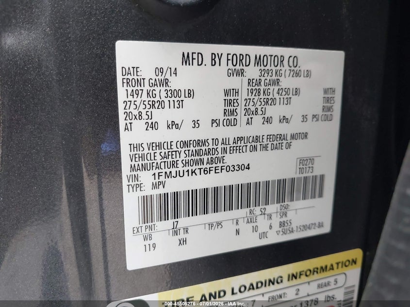 2015 Ford Expedition VIN 1FMJU1KT6FEF03304 IAAI salvage auction — FRONT END, Salvage Title, sold $1,050 on 2026-07-12 (photo 9)