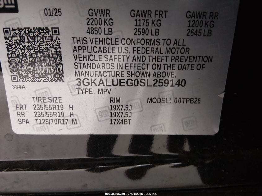 2025 Gmc Terrain VIN 3GKALUEG0SL259140 IAAI salvage auction — UNKNOWN, Salvage (Tennessee), sold $7,400 on 2026-07-29 (photo 9)