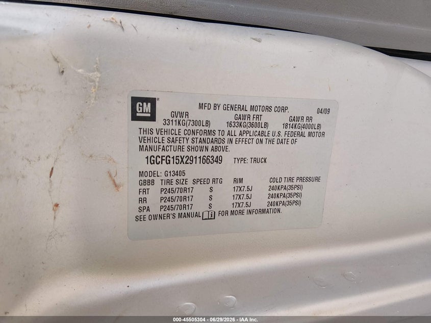 2009 Chevrolet Express 2500 VIN 1GCFG15X291166349 IAAI salvage auction — NORMAL WEAR, Clear (Maryland), sold $300 on 2026-07-09 (photo 9)