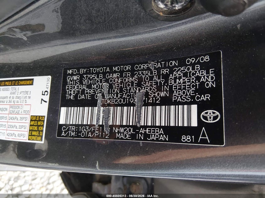 2009 Toyota Prius VIN JTDKB20U193471412 IAAI salvage auction — NORMAL WEAR, Original (Kentucky), sold $425 on 2026-07-29 (photo 9)