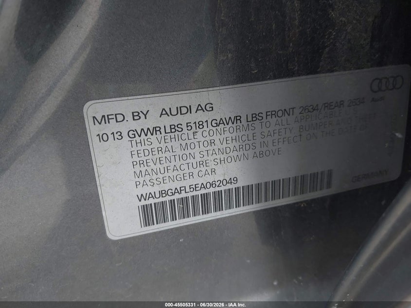 2014 Audi S4 VIN WAUBGAFL5EA062049 IAAI salvage auction — FRONT END, Salvage (Pennsylvania), sold $25 on 2026-07-21 (photo 9)