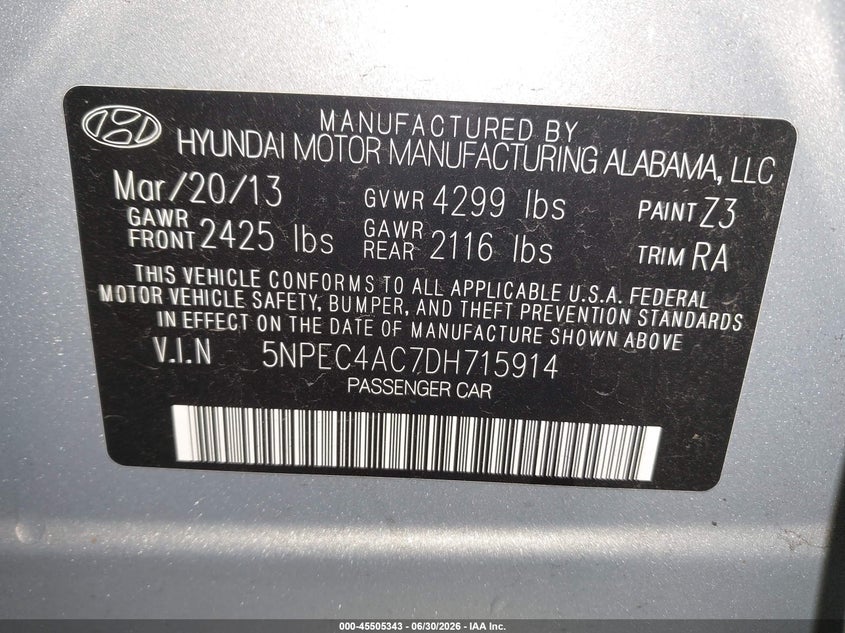 2013 Hyundai Sonata VIN 5NPEC4AC7DH715914 IAAI salvage auction — FRONT END, Mv-907A (New York), sold $475 on 2026-07-28 (photo 9)