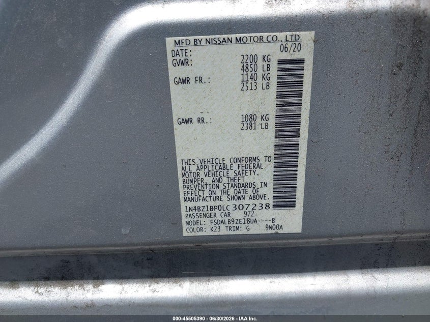 2020 Nissan Leaf VIN 1N4BZ1BP0LC307238 IAAI salvage auction — LEFT FRONT, Salvage Title, sold $1,900 on 2026-07-31 (photo 9)