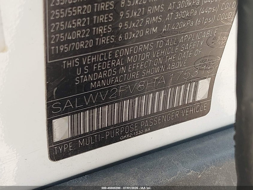 2017 Land rover Range rover sport VIN SALWV2FV8HA175315 IAAI salvage auction — WATER/FLOOD, Salvage (Texas), sold $4,175 on 2026-08-27 (photo 9)