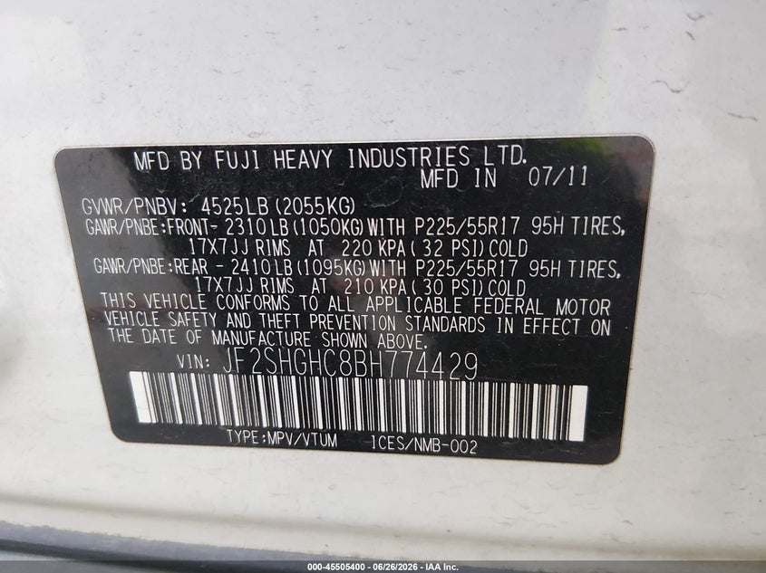 2011 Subaru Forester VIN JF2SHGHC8BH774429 IAAI salvage auction — NORMAL WEAR, Clear (New Mexico), sold $1,150 on 2026-07-13 (photo 9)