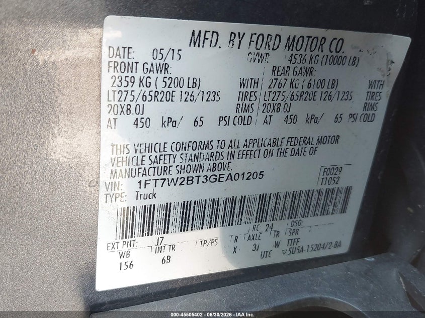 2016 Ford F250 VIN 1FT7W2BT3GEA01205 IAAI salvage auction — FRONT & REAR, Clear (Georgia), sold $2,775 on 2026-07-09 (photo 9)