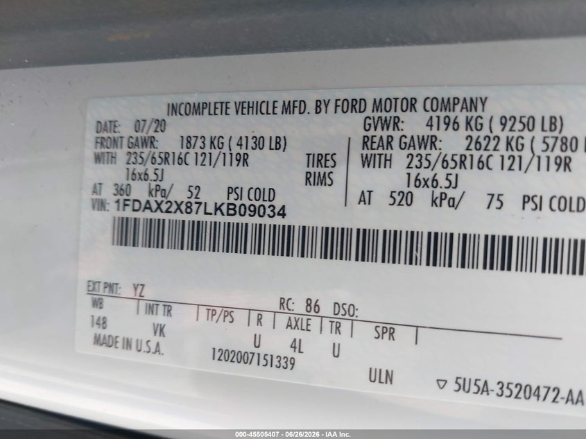 2020 Ford Transit-350 VIN 1FDAX2X87LKB09034 IAAI salvage auction — NORMAL WEAR, Sf97 (New York), sold $23,600 on 2026-07-23 (photo 9)