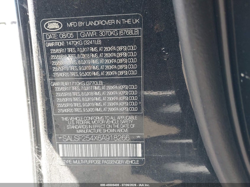 2006 Land rover Range rover sport VIN SALSF254X6A918266 IAAI salvage auction — ALL OVER, Salvage Certificate (California), sold $150 on 2026-07-10 (photo 9)