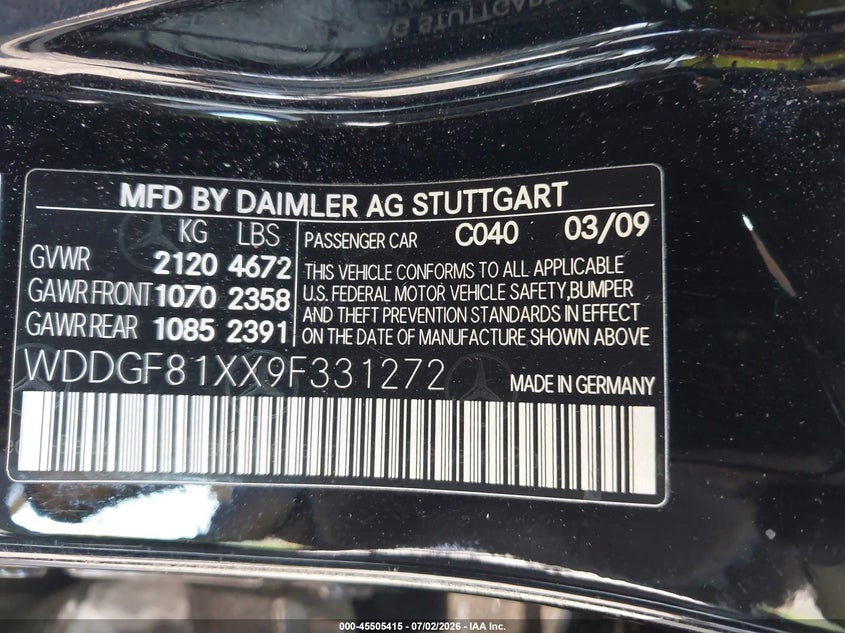 2009 Mercedes-benz C class VIN WDDGF81XX9F331272 IAAI salvage auction — RIGHT SIDE, Salvage (Virginia), sold $800 on 2026-08-11 (photo 9)