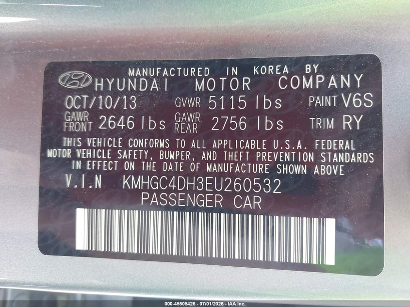 2014 Hyundai Genesis VIN KMHGC4DH3EU260532 IAAI salvage auction — FRONT END, Salvage (Alabama), sold $25 on 2026-07-29 (photo 9)