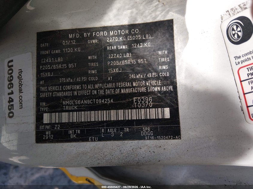 2012 Ford Transit VIN NM0LS6AN9CT094254 IAAI salvage auction — UNKNOWN, Clear (New York), sold $200 on 2026-07-07 (photo 9)