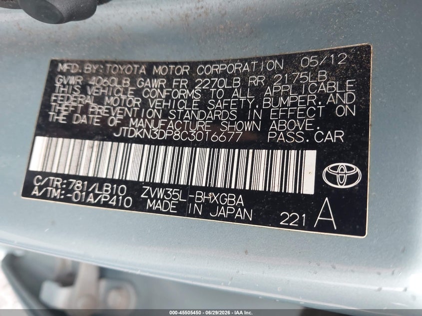 2012 Toyota Prius VIN JTDKN3DP8C3016677 IAAI salvage auction — NORMAL WEAR, Clear (Virginia), sold $5,100 on 2026-07-07 (photo 9)