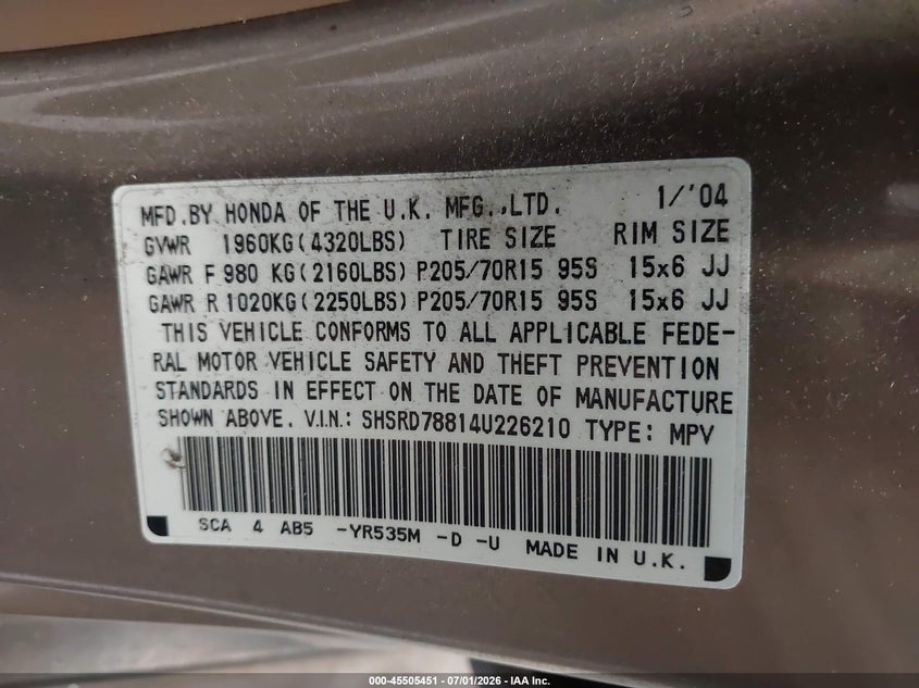2004 Honda Cr-v VIN SHSRD78814U226210 IAAI salvage auction — RIGHT FRONT, Mv-907A (New York), sold $475 on 2026-07-15 (photo 9)