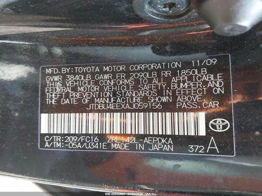 2010 Toyota Corolla VIN JTDBU4EEXAJ059156 IAAI salvage auction — FRONT & REAR, Salvage - 75% Or Less (Maryland), sold $1,250 on 2026-07-22 (photo 9)