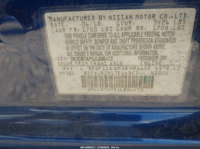 2018 Nissan Versa VIN 3N1CN7AP5JL886472 IAAI salvage auction — REAR END, Salvage Title, sold $1,100 on 2026-07-23 (photo 9)