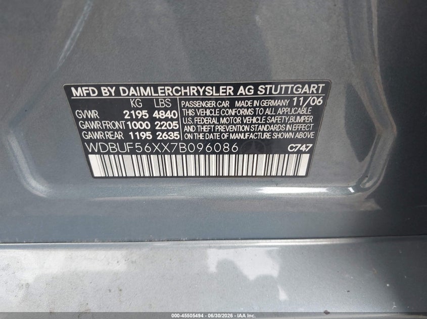 2007 Mercedes-benz E-klasse VIN WDBUF56XX7B096086 IAAI salvage auction — FRONT END, Rebuildable (Florida), sold $275 on 2026-08-06 (photo 9)