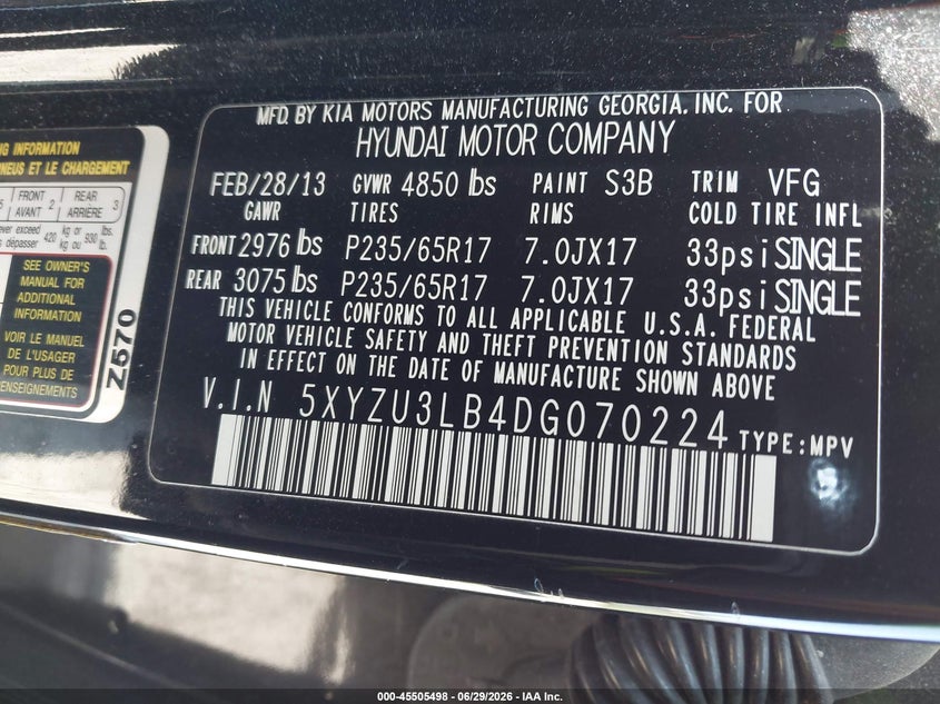 2013 Hyundai Santa fe VIN 5XYZU3LB4DG070224 IAAI salvage auction — NORMAL WEAR, Clear (Florida), sold $1,525 on 2026-07-15 (photo 9)