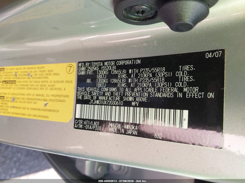 2007 Lexus Rx 400h VIN JTJHW31UX72030610 IAAI salvage auction — LEFT FRONT, Salvage Certificate (California), sold $1,350 on 2026-07-17 (photo 9)