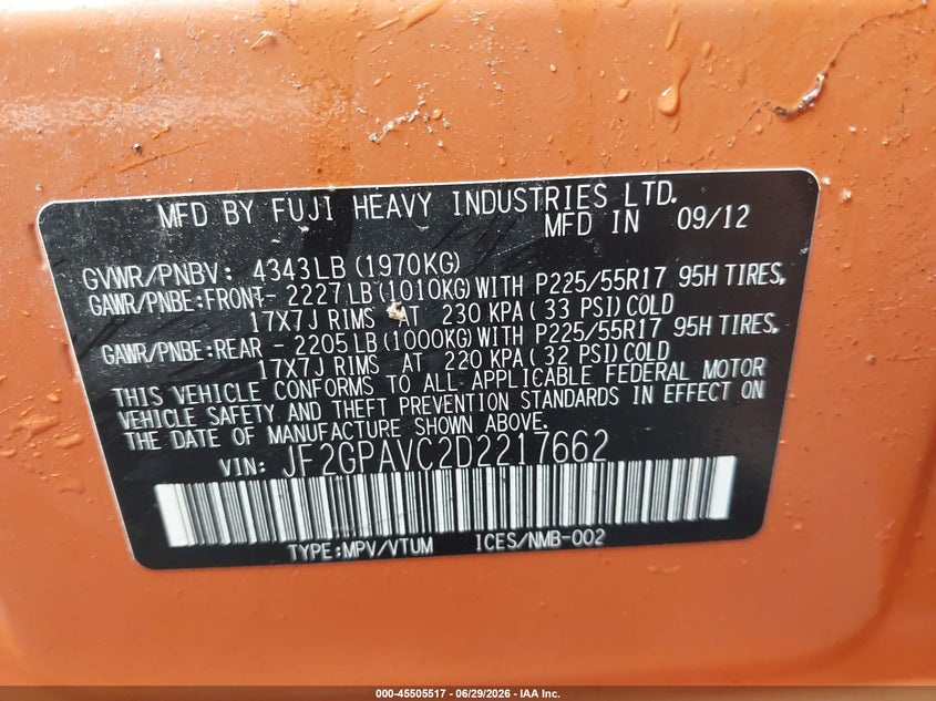 2013 Subaru Xv VIN JF2GPAVC2D2217662 IAAI salvage auction — NORMAL WEAR, Clear (North Carolina), sold $925 on 2026-07-30 (photo 9)